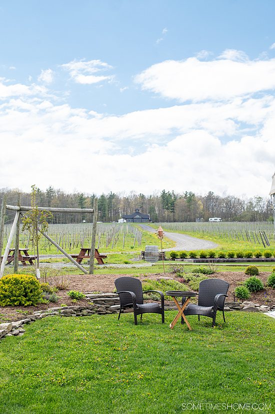 Two Adirondack chairs in front of a green hill with vineyards in Hammondsport, NY.