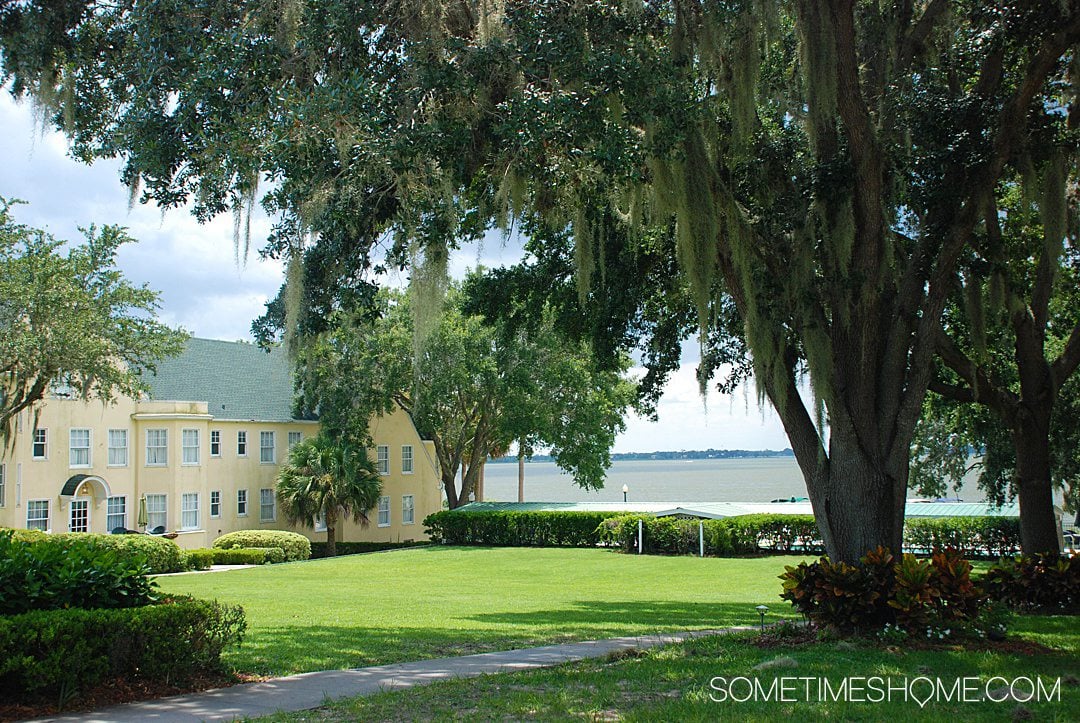 View of a yellow hotel in the distance with a lake and huge oak tree in Mount Dora, Florida.