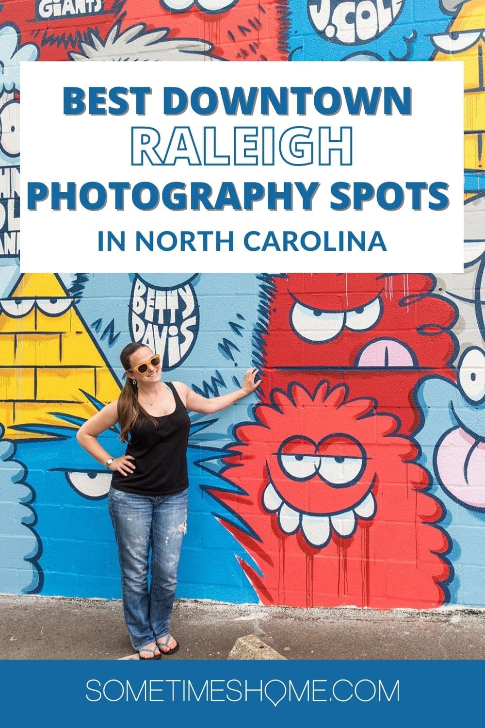 Pinterest image for the best downtown Raleigh photography spots in North Carolina with a colorful mural in the background.