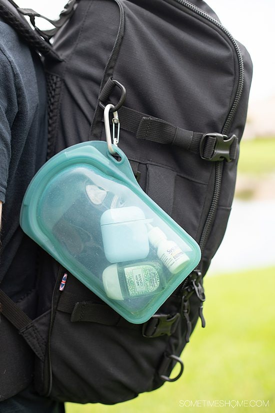 Travel backpack with a Stasher "Go" bag with a carabiner attached.