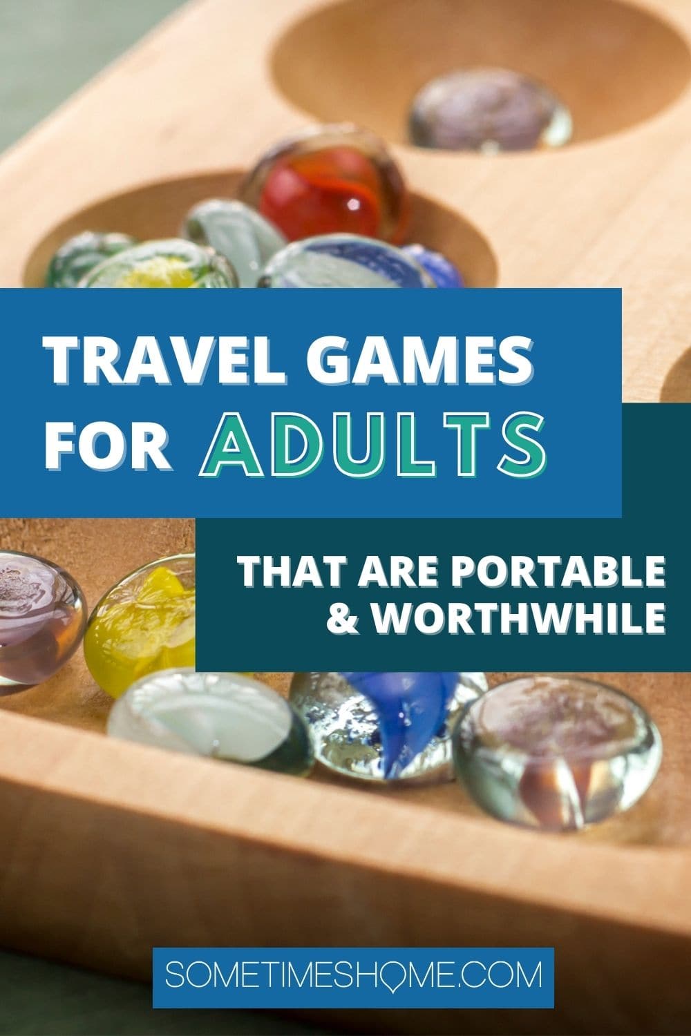 Travel games for adults words on top of a close up photo of the game, Mancala, with glass beads.