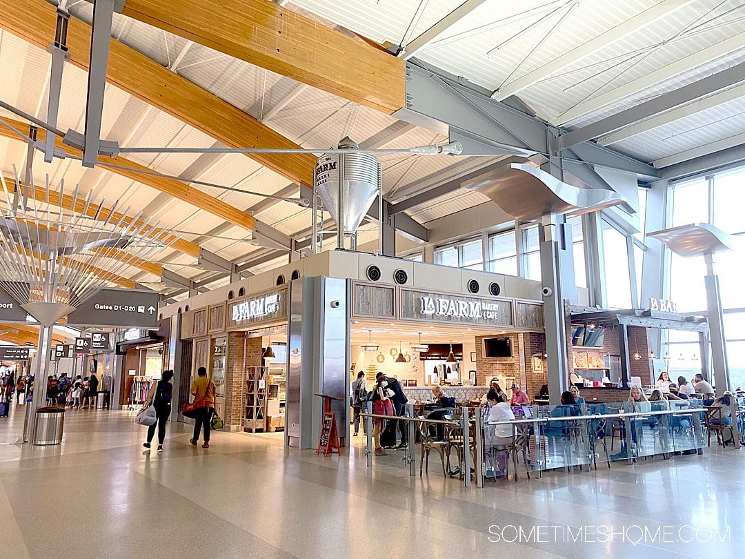 Traveler and RDU info for the Raleigh Durham NC terminals. Photo inside Terminal 2 of La Farm French Bakery.