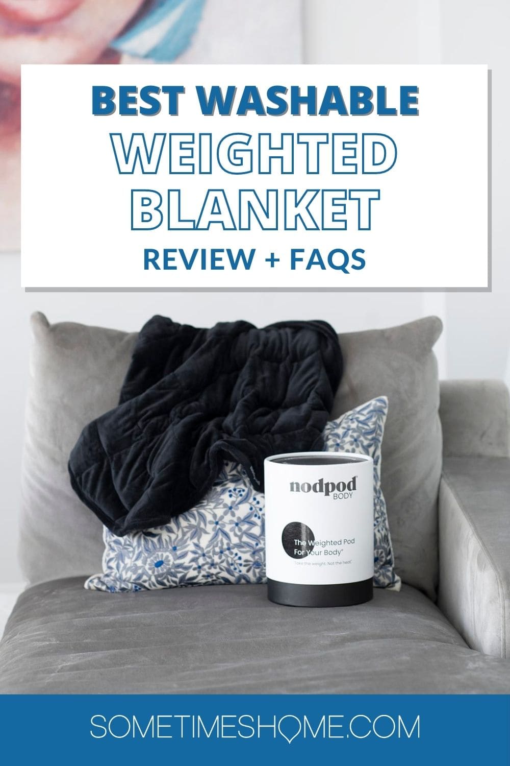Best washable weighted blanket pin graphic with a picture of the product on a couch with the packaging next to it.
