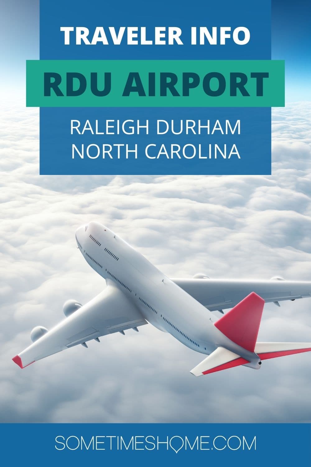 Traveler info for RDU Airport in Raleigh Durham North Carolina with a photo of a plane in the clouds.