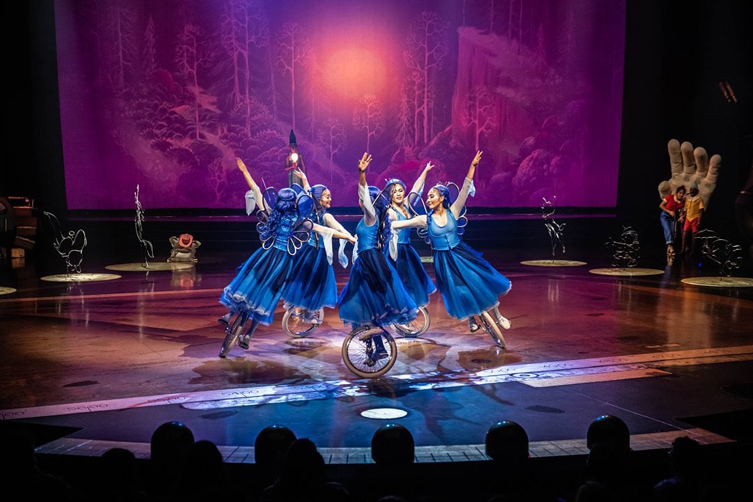 Circle of performers on white-tire unicycles during Drawn to Life, Cirque du Soleil show at Disney World.