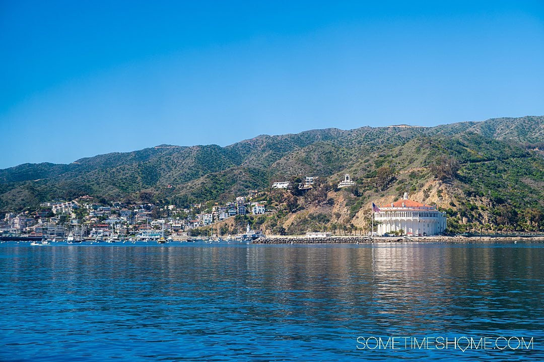View of the coast of Avalon, on Catalina Island, on a sunny day in California with blue skies and blue water.