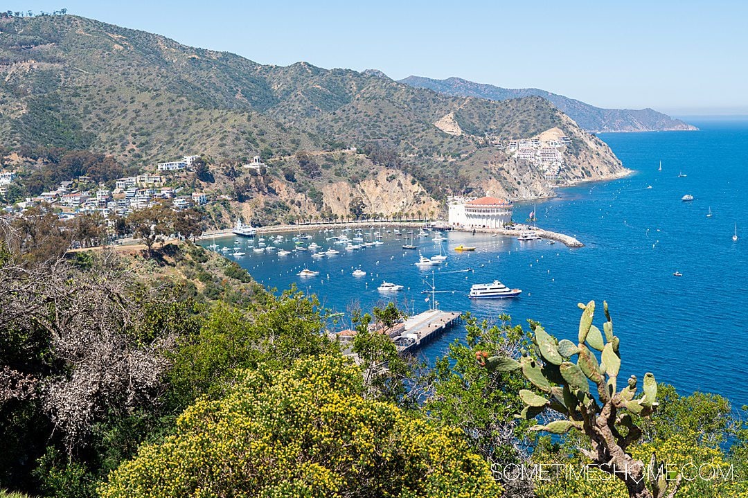 Aerial view of Catalina Island coast line in California, with boats in they bay and mountains surrounding it.