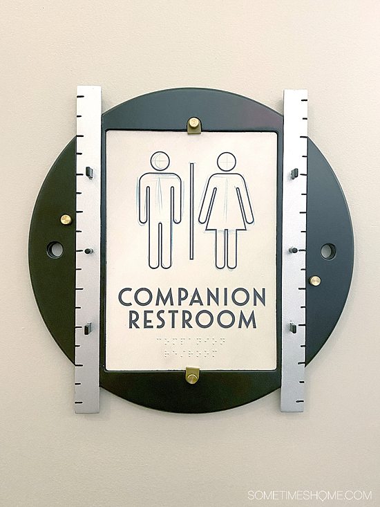 Companion restroom sign with rulers and sketching on it at Drawn to Life, Cirque du Soleil theater at Disney World.