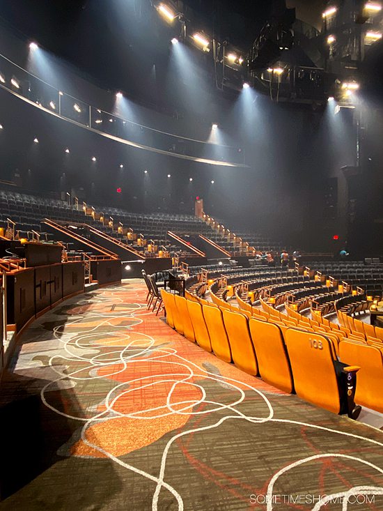 Stadium seating inside Cirque du Soleil theater at Disney Springs, at Walt Disney World.