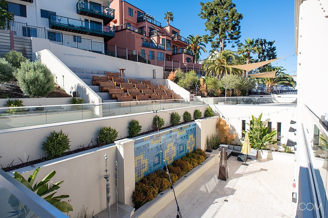 Outdoor seating to watch films and performances at the Catalina Museum of Art & History on Catalina Island in California.