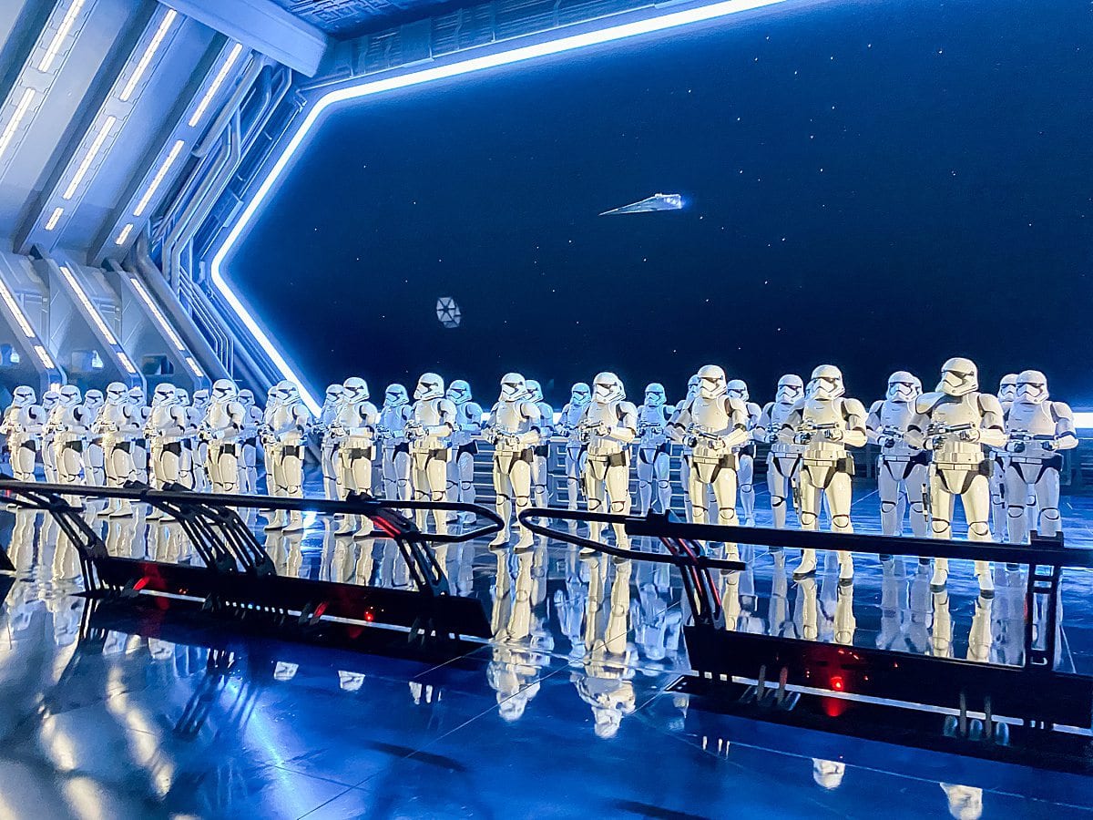 Storm Troopers lined up in the Rise of the Resistance attraction at Star Wars Galaxy's Edge at Disney World.
