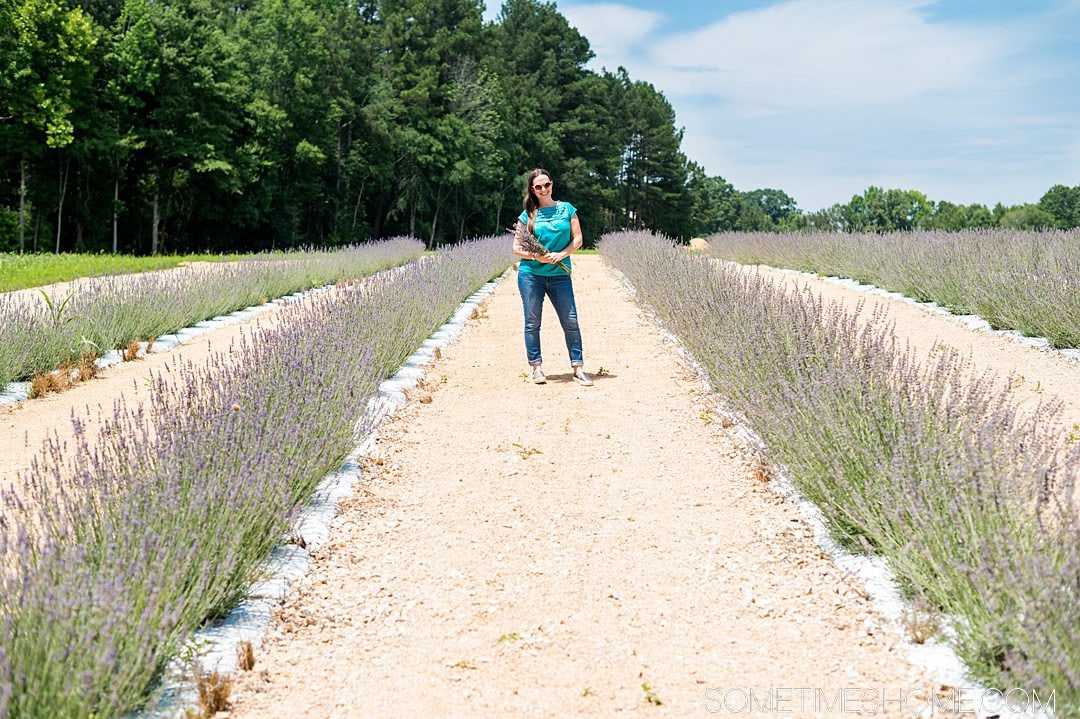 Woman with sunglasses on, smiling between rows of lavender at Lavender Oaks flower farm near Raleigh.
