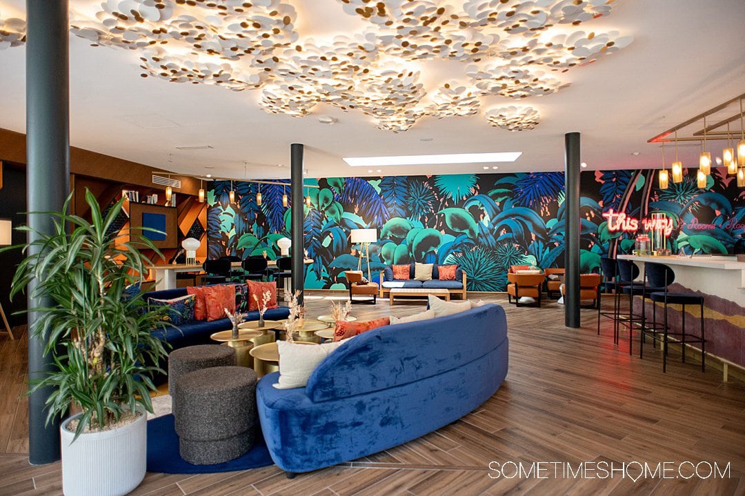 Colorful blue velvet couch and jungle-inspired wallpaper at a lounge area of the Renaissance hotel in Bordeaux, France.