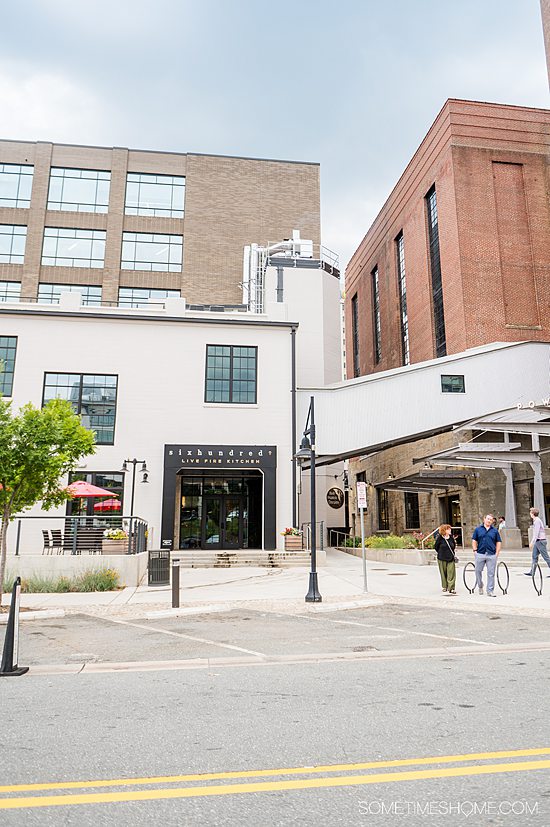 Outdoor photo of an industrial restaurant, 600 degrees, in Winston-Salem. 