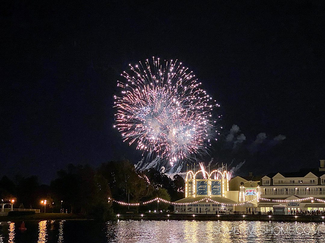 Nighttime fireworks at Epcot, as seen from Walt Disney World's BoardWalk.