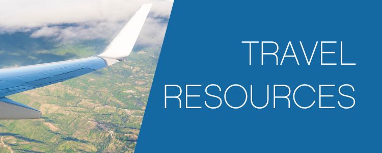 Travel Resources category on a couples travel website, Sometimes Home, with a photo of a plane wing above a green country below it.