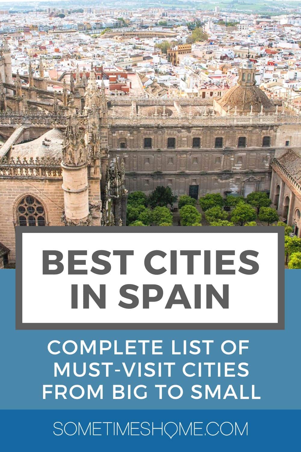 Best cities in Spain: Complete list of must-visit cities from big to small with an aerial view of Seville.