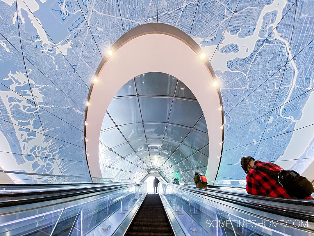 Blue map pattern on the ceiling of the escalator up at Penn Station's LIRR entrance.