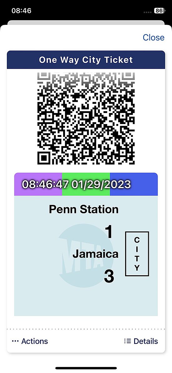 Ticket sample from Penn Station to Jamaica station on the MTA Train Time App.