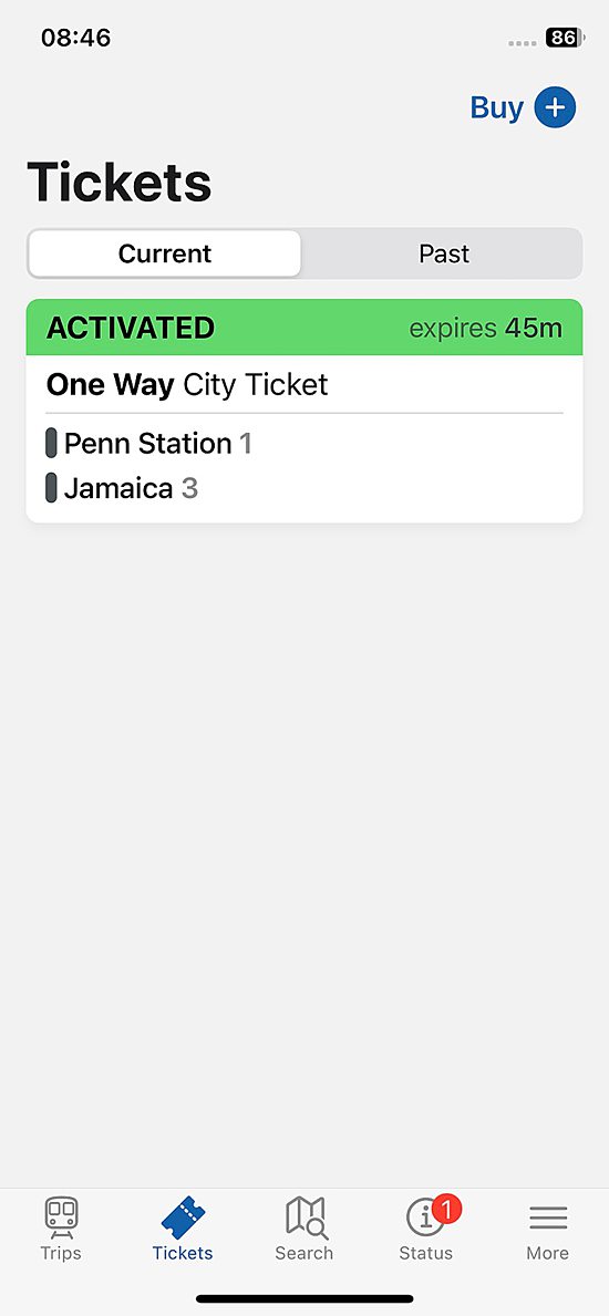 Ticket sample from Penn Station to Jamaica station on the MTA Train Time App.