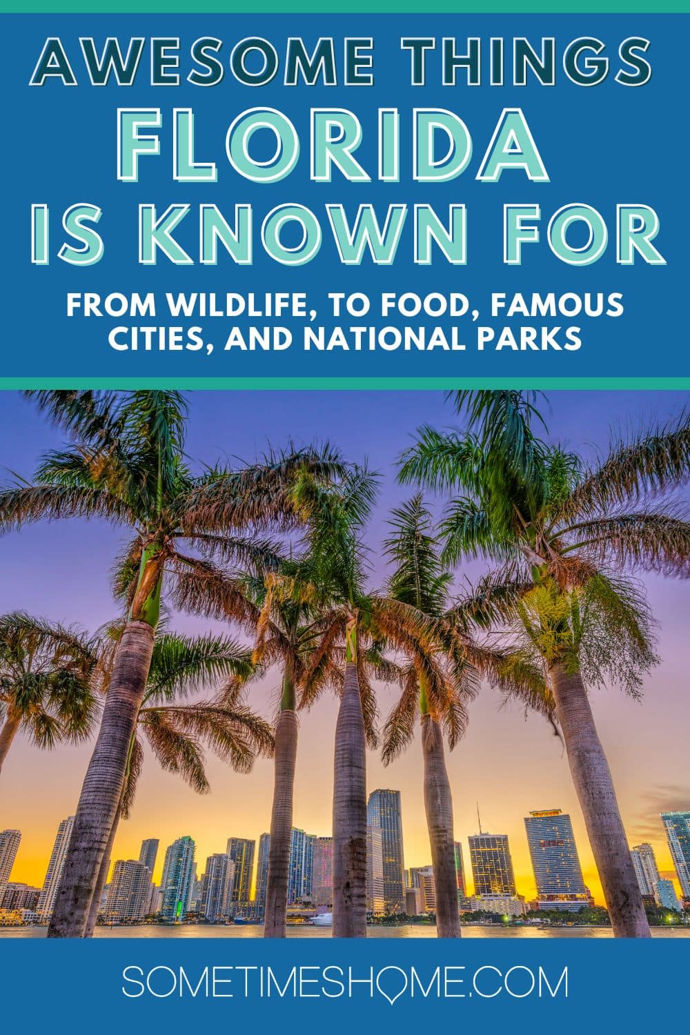Awesome Things Florida is Known For: from Wildlife, to food, famous cities and National Parks, with a picture of palm trees and a skyline behind them during dusk.