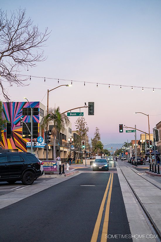 Blue, pink and purple sky at sunset and view of the street in downtown Santa Ana, California.