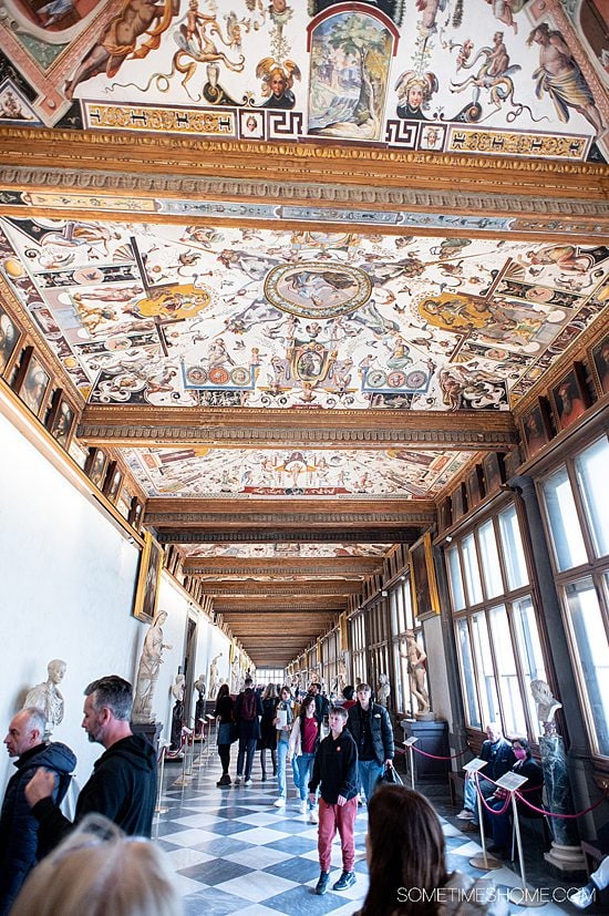 The grotesque art ceiling in the Uffizi gallery in Florence.