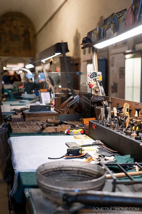 View of a desk at the leather school in Florence, Italy.