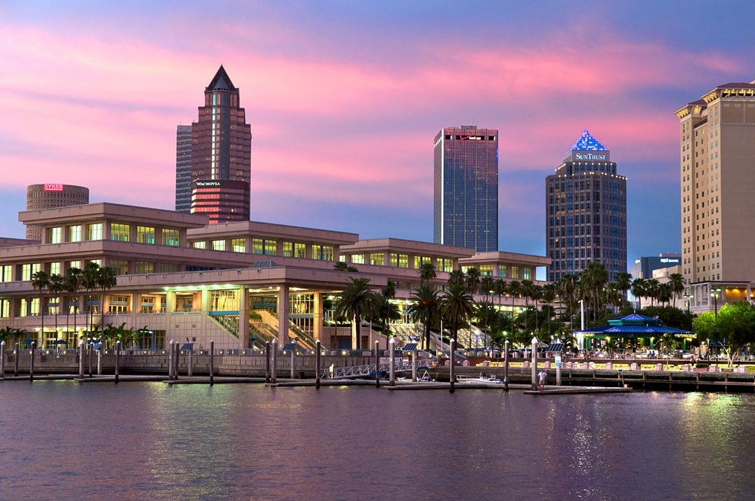 Breathtaking pink and purple Florida sunset over the Tampa Bay skyline.