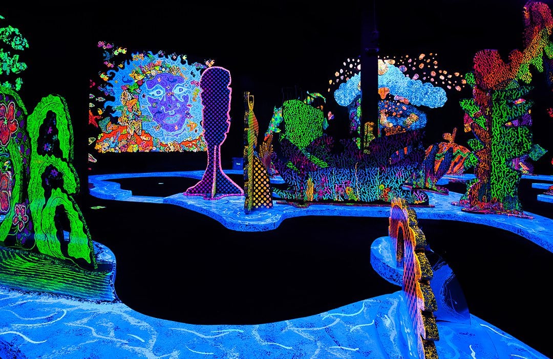 Glow in the dark interior of Putting Edge miniature golf in Orlando, Florida.