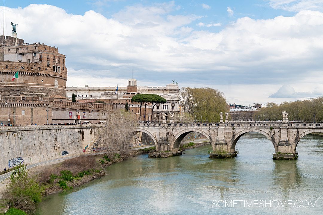 Looking across the Tiber River, a landmark of Rome, Italy.