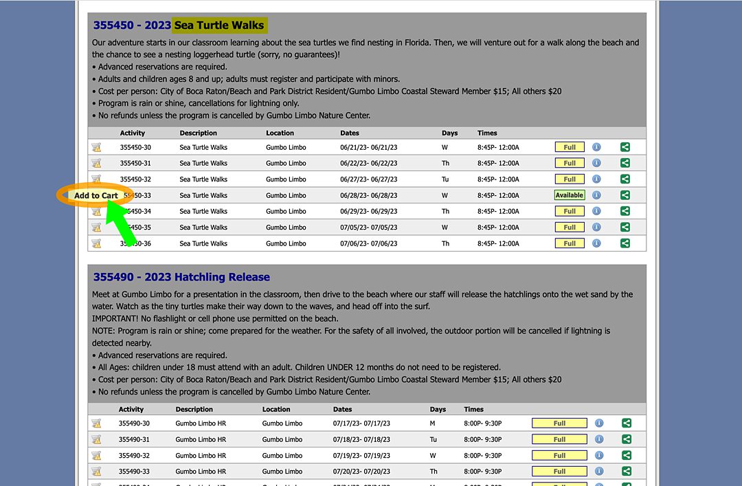 Screenshot of the Boca Raton city website for how to buy tickets for a Gumbo Limbo Sea Turtle Walk.