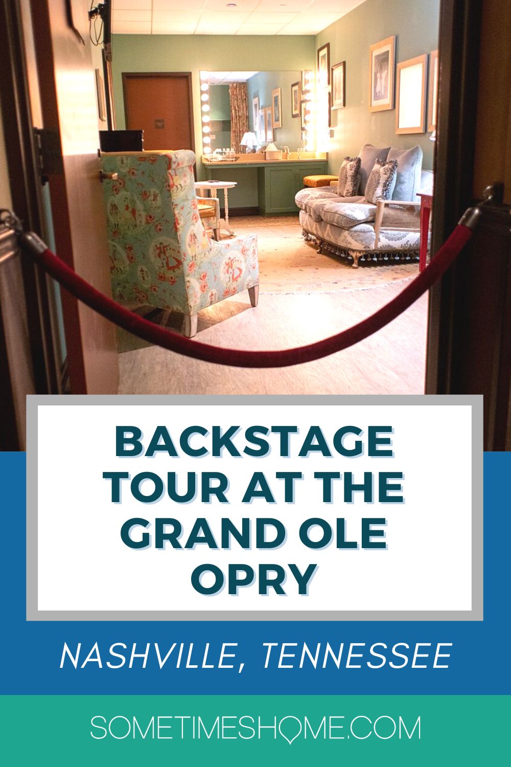 Photo of a red rope blocking off a dressing room with "Backstage Tour at the Grand Ole Opry, Nashville, Tennessee" written on it.