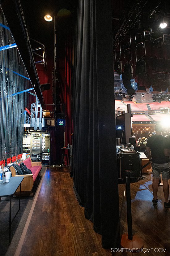 Backstage on the Grand Ole Opry stage on the tour with cables to show how the curtains work.