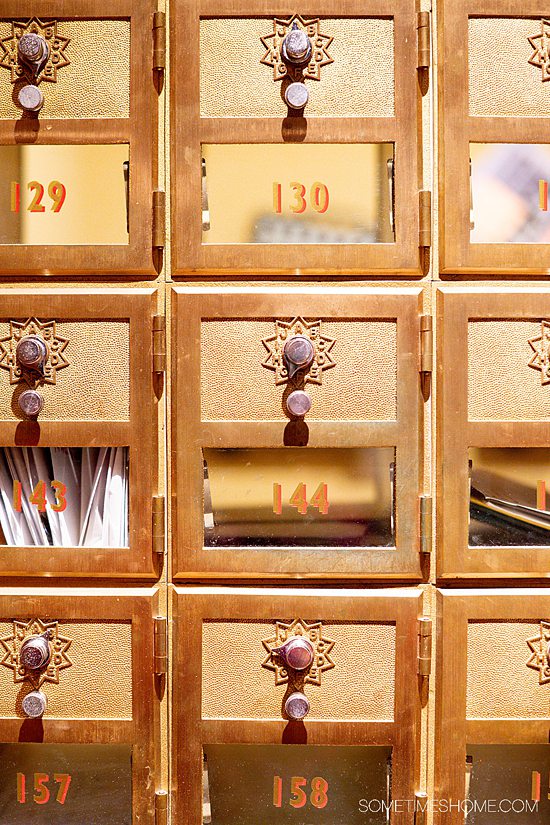 Brown and gold mailboxes in the backstage area of the Grand Ole Opry for members and their fan mail.