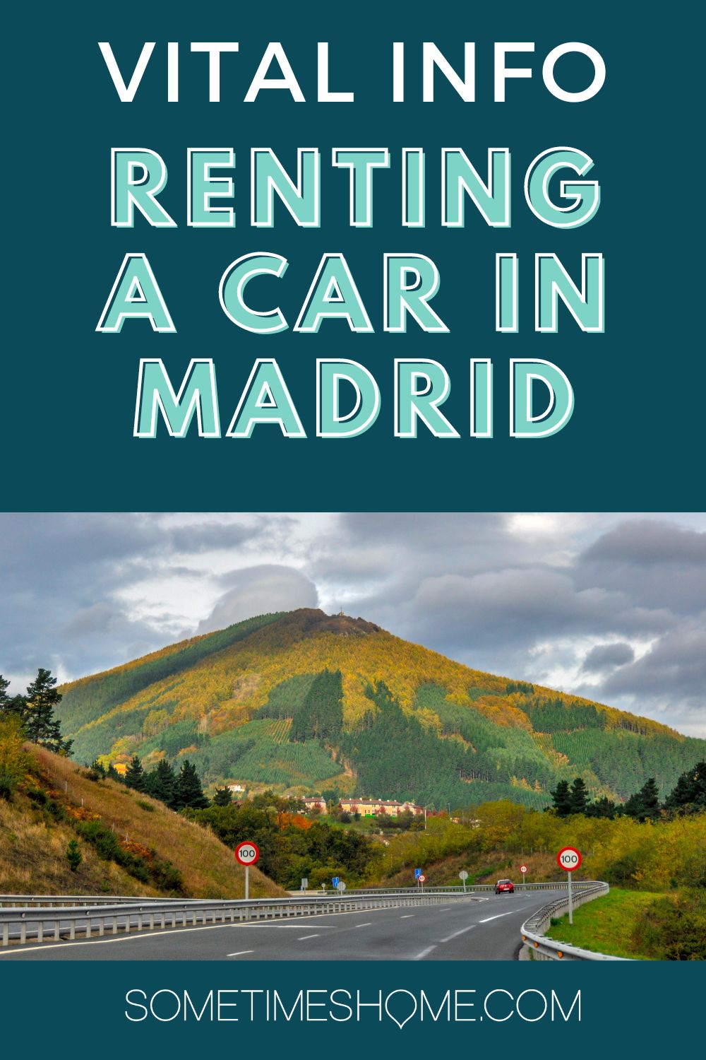 Vital info renting a car in Madrid with a picture of the countryside in Spain.