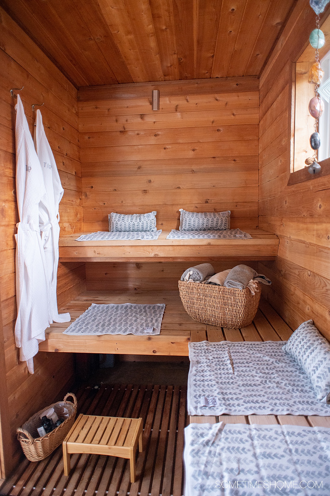 Inside the wood-paneled sauna at Twin Islands Retreat in Alaska.