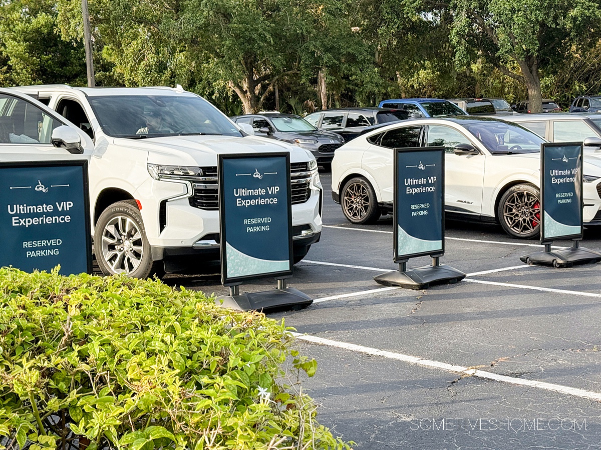 Cars in a parking lot with VIP signs in the spots in front of them.