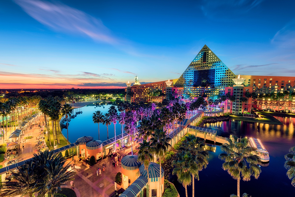 Aerial evening view of the Swan and Dolphin hotels illuminated with colorful lights for the Food and Wine Classic.