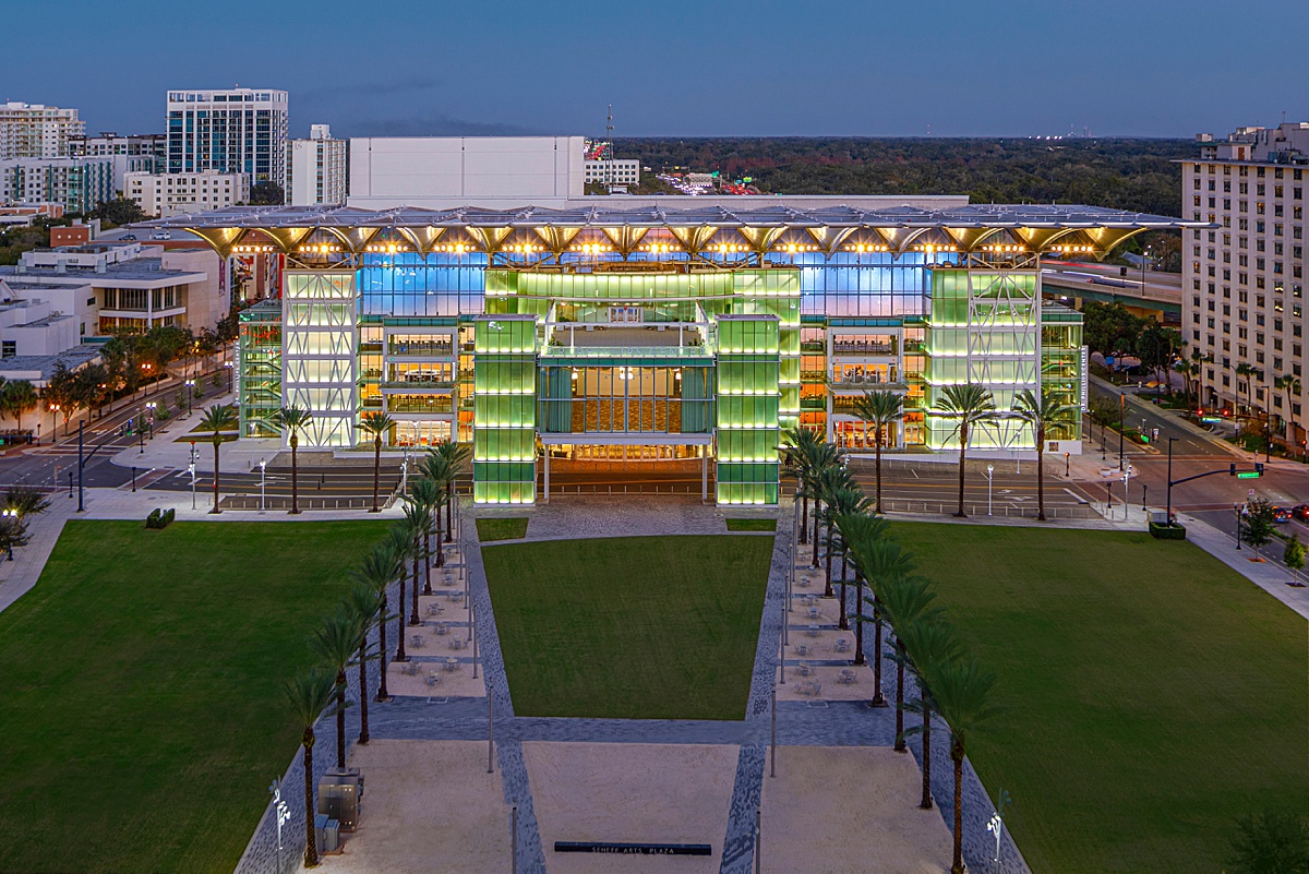 Aerial view of Seneff Arts Plaza in Downtown Orlando with green and blue lights