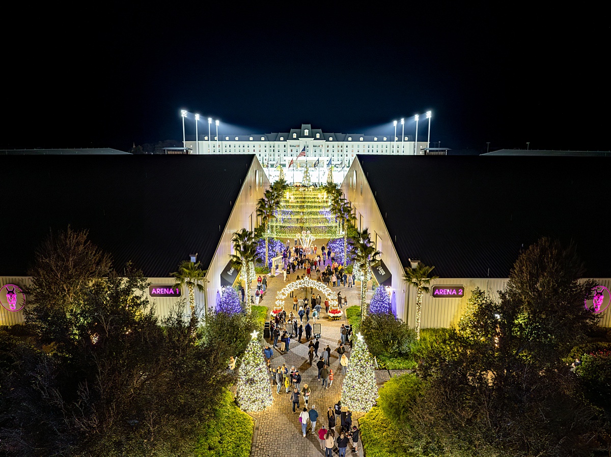 Aerial View of the Ocala Equestrian Center in Florida decorated for the holidays with lights and holiday trees.