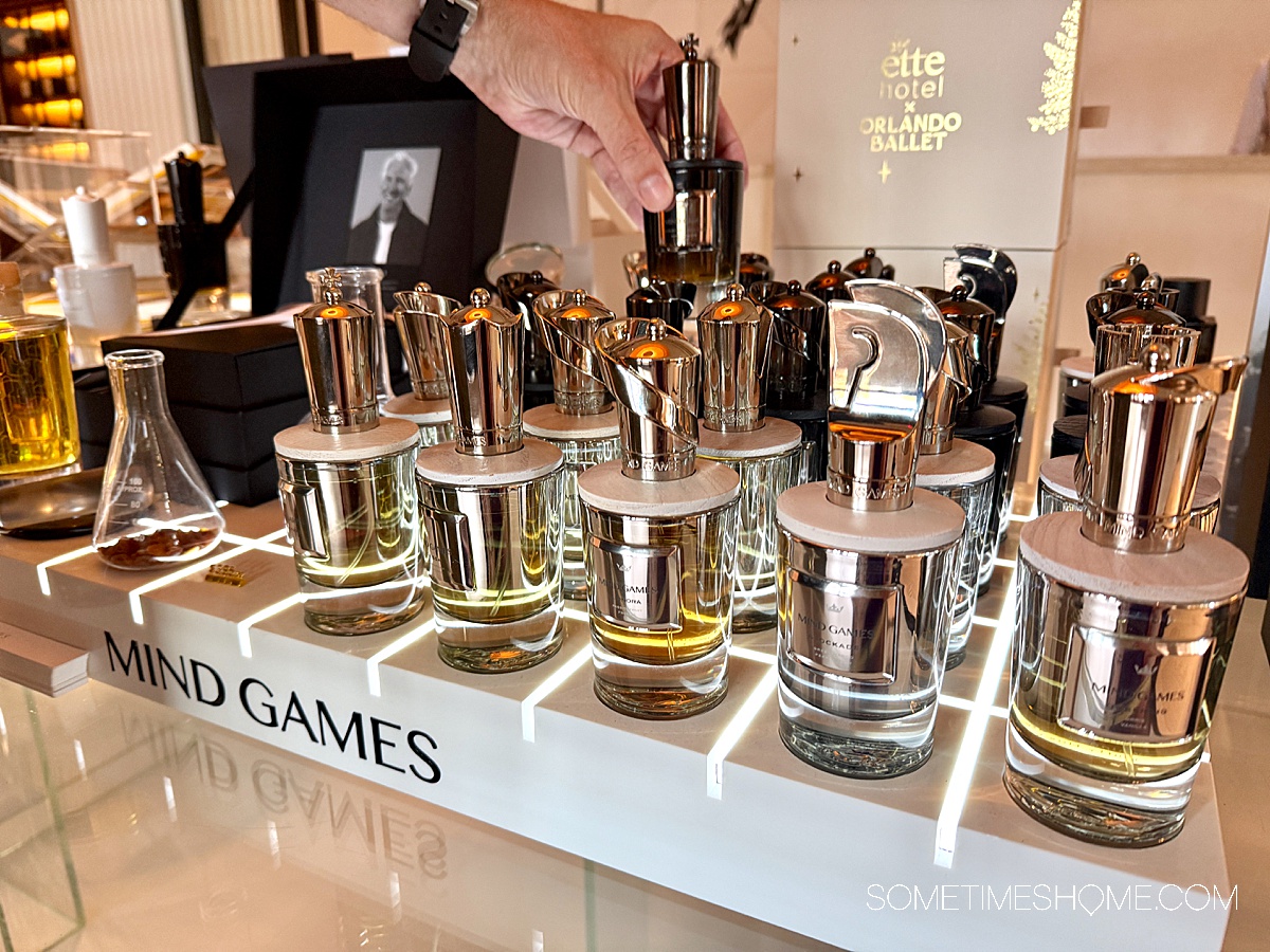 Mind Games perfumes and colognes on a table at the luxury ette hotel.