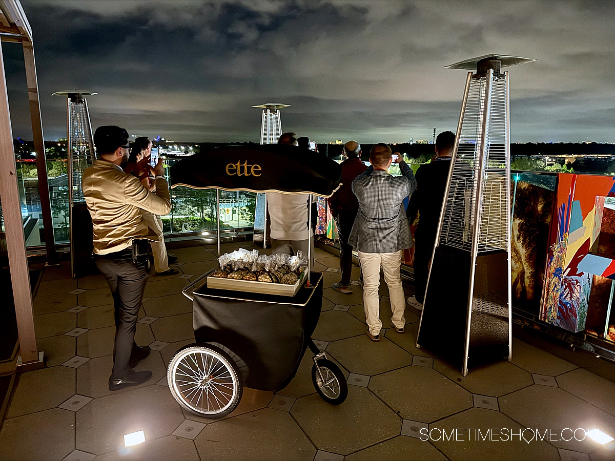 People looking out the distance on a rooftop at the ette hotel, close to Disney World.